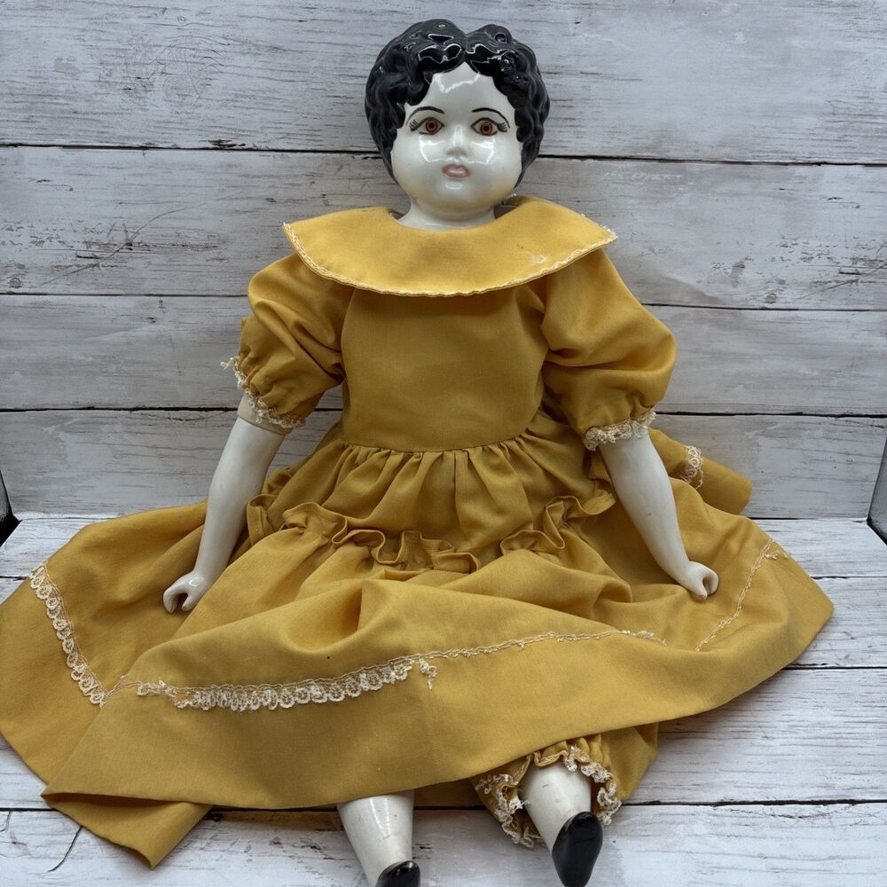 20" Vintage Antique Reproduction China Head Doll Porcelain Antiqued Dress